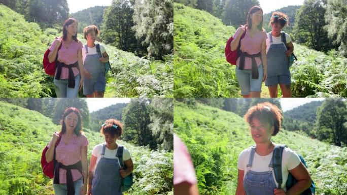 一起享受时光国外外国女孩爬山登山大自然
