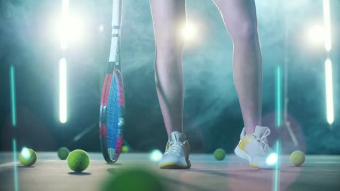 附近有网球库存的女运动员的腿