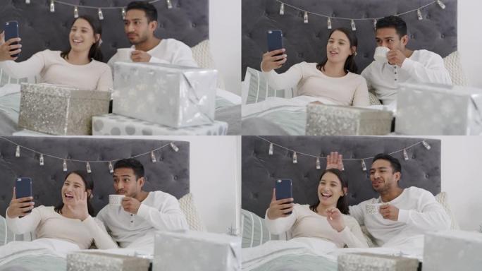 一对年轻夫妇在家里的视频通话中一起躺在床上的4k视频录像