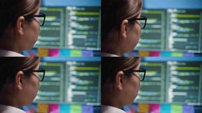 女性信息技术工程师夜间工作和编码程序