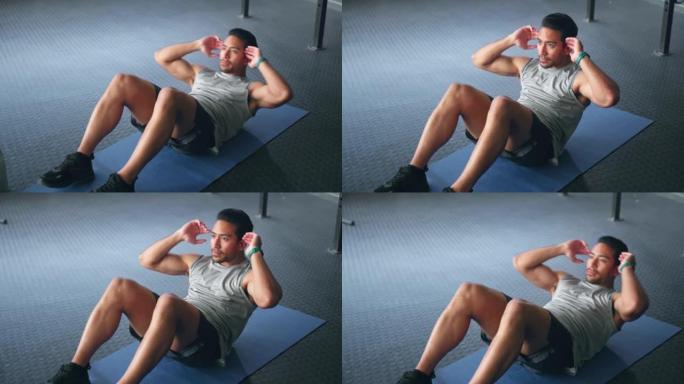 健身，男人和做仰卧起坐以促进健康，健康和动力，在地板上的健身房进行日常锻炼，锻炼和训练。男教练，运动