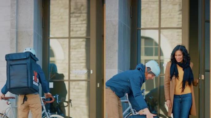 快乐的送餐男子在自行车上穿着保暖背包向一位美丽的女性顾客提供餐厅订单。快递员送外卖午餐。垂直屏幕方向