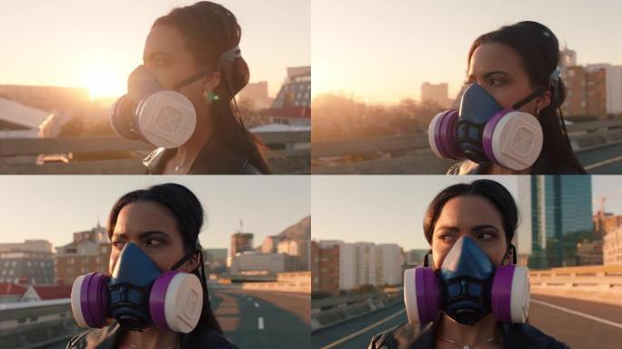 戴防毒面具的肖像女叛逆女孩抗议用呼吸器污染有毒空气全球变暖气候变化紧急情况