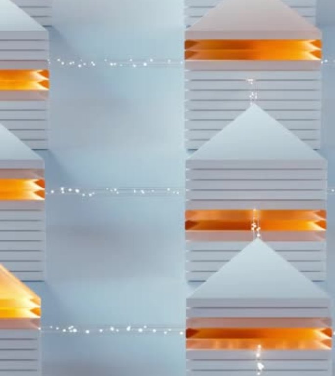 白色背景上的三角形比特币区块链，顶部是橙色的块和无线连接