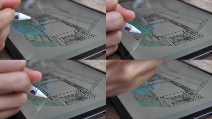 建筑师在数字平板电脑上绘图