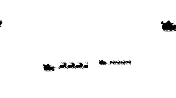 圣诞老人和驯鹿剪影。4种不同距离的孤立动画。新年快乐的概念，礼品盒，月亮，问候，动物雪橇，鹿，节日，
