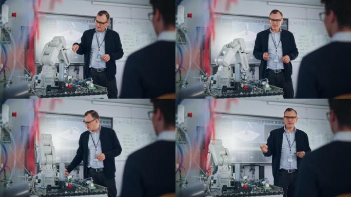男老师展示细节，并在大学的大学机器人课上与学生一起上课。计算机科学教育与机器学习; 机械臂概念