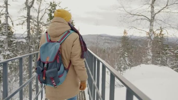 冬季，背着背包的男性徒步旅行者在树林里散步，看着被雪覆盖的山脉