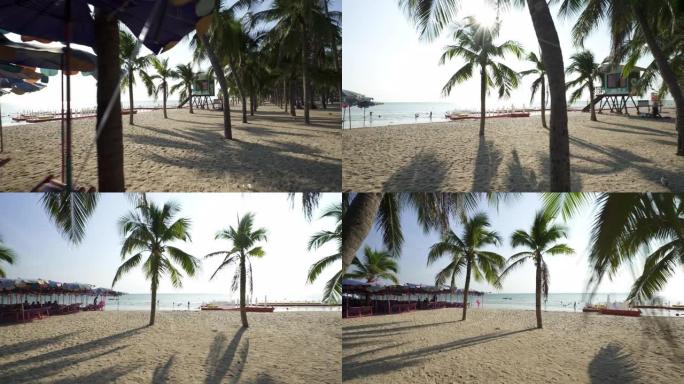泰国邦桑海滩的沙滩椅和雨伞展示