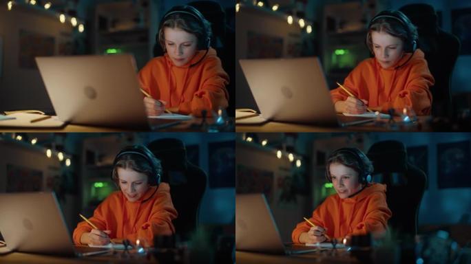 戴着耳机的聪明小男孩在家舒适的黑暗房间里，在笔记本电脑上参加在线课程。快乐少年在线浏览教育研究，笔记
