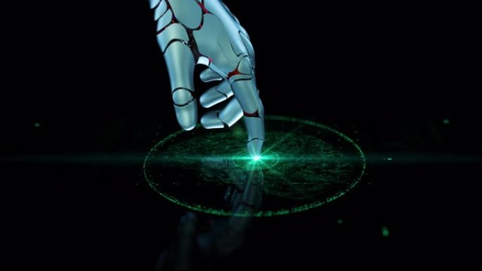 特写人工智能概念: 机器人手指触摸屏连接并激活未来派Web Quantum AI。3D可视化计算机技
