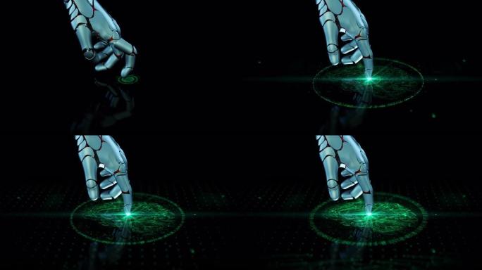 特写人工智能概念: 机器人手指触摸屏连接并激活未来派Web Quantum AI。3D可视化计算机技