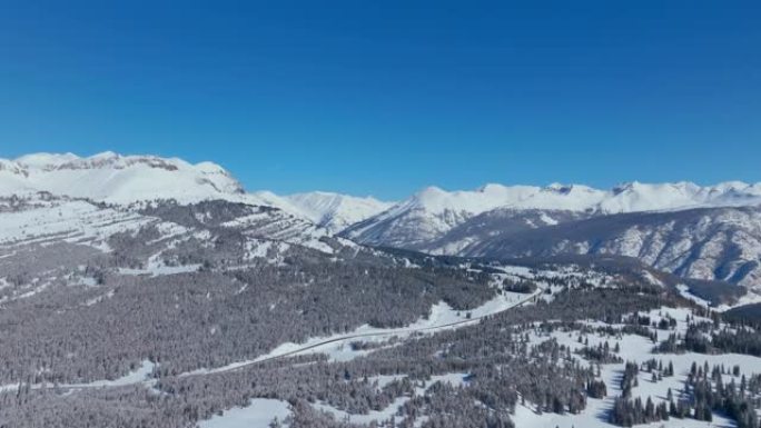 在晴朗的冬日，白雪覆盖的树木森林和美丽的山脉景观上方的鸟瞰图