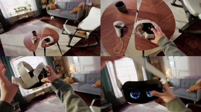 一个人在家客厅拿起并戴上虚拟现实耳机的视点。模拟插入自己的VFX虚拟现实3D宇宙，数字办公界面，社交
