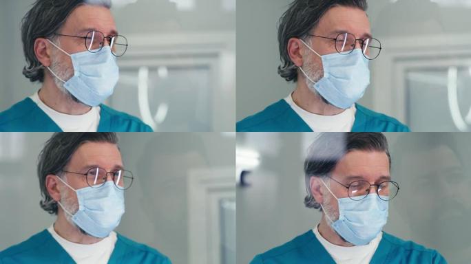 医疗中心接待时戴面具的成熟医生与病人交谈