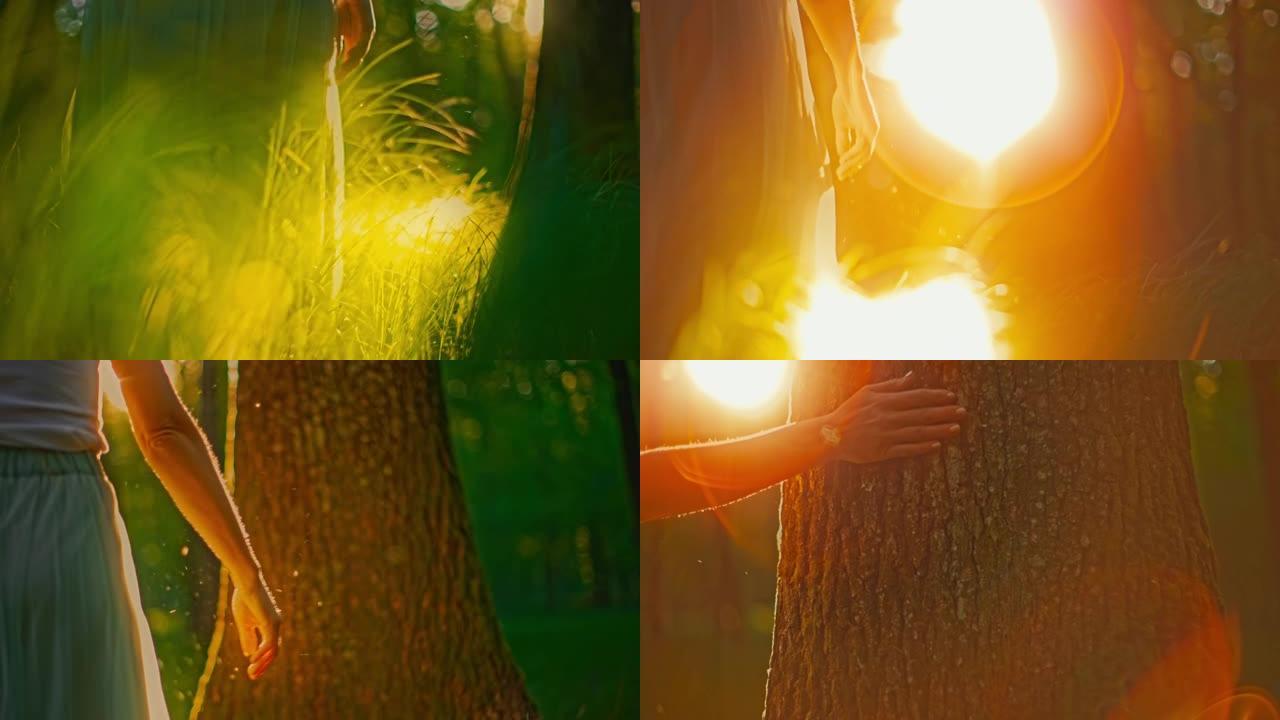 SLO MO无法辨认的女人在森林中赤脚走向太阳时碰到一棵树
