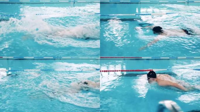 使用蝴蝶技术在游泳池中游泳的男运动员