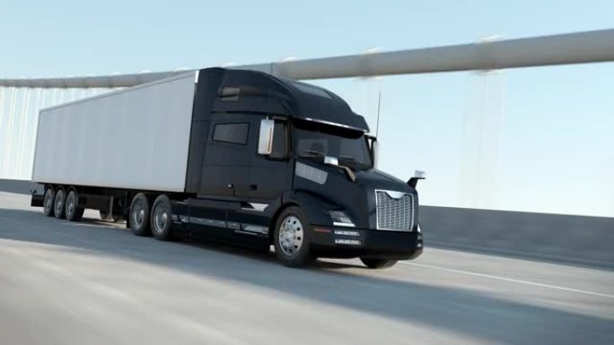 物流运输工具传递概念。蓝色现代大型半卡车，带货物拖车，满载货物，白天在高速公路桥路行驶。推动大陆分销