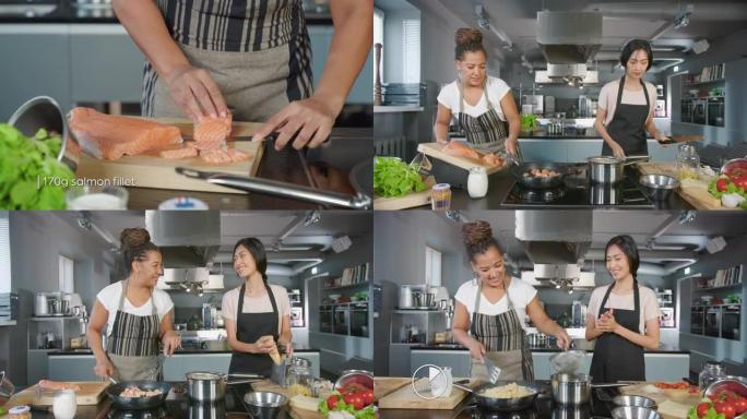社交媒体电视烹饪节目蒙太奇在餐厅厨房与女厨师。两位不同的主持人交谈，逐步展示如何准备健康的趣味餐。在