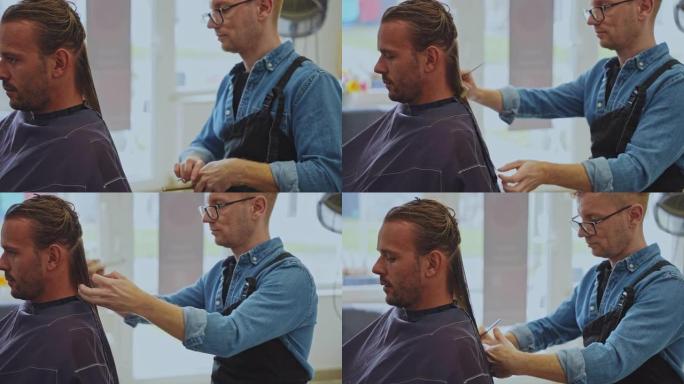 发型师在沙龙梳理男性顾客的头发