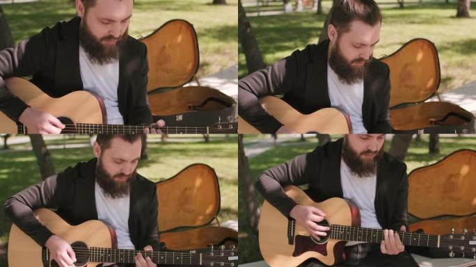 男子在公共场所弹吉他