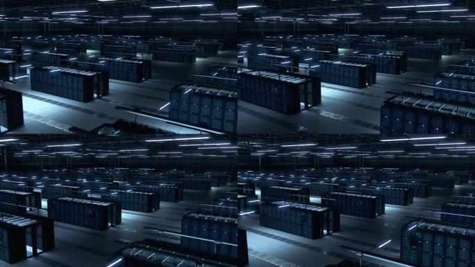 现代数据技术中心服务器机架在暗室中工作。物联网、大数据保护、存储、加密货币场、云计算的概念。3D移动