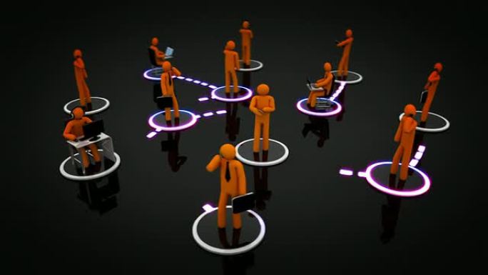 具有移动联系的社交网络。橙色。可循环。黑色背景。
