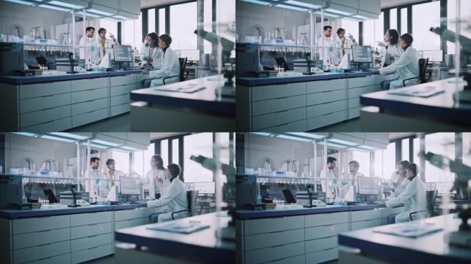 现代医学研究实验室: 由多民族年轻科学家组成的多元化团队进行实验。拥有高科技设备的先进实验室，微生物