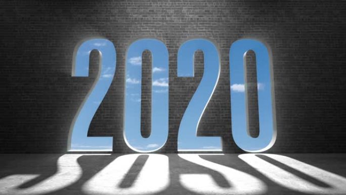 墙倒塌，出现 “2020” 字母。蓝天背景，4k动画。
