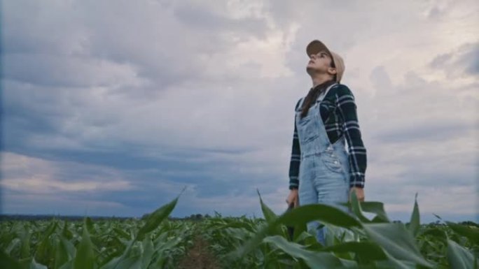 棕色长发的农夫妇女站在农业玉米田上，抬头看天气，记下植物的生长过程