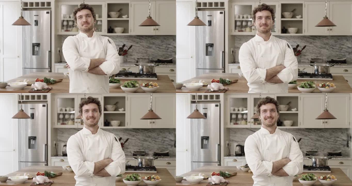 一个年轻厨师在家厨房里的4k录像