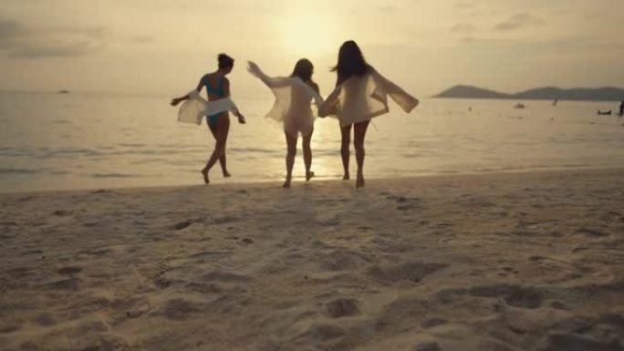 一群快乐的年轻女性在海滩上。