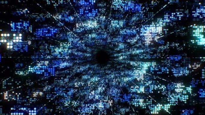 数字抽象隧道软件编码无缝数据点的循环3d动画改变快速加密。蓝色粒子数字未来概念。