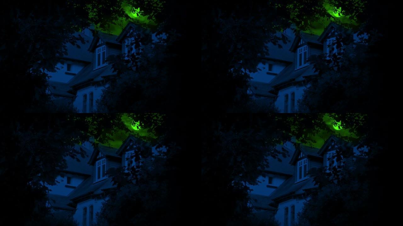 万圣节场景上方的绿色月亮和闪电