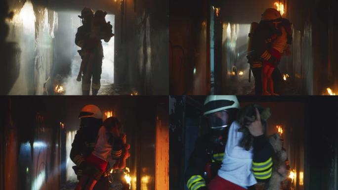 消防员通过烟雾和大火英勇地携带孩子