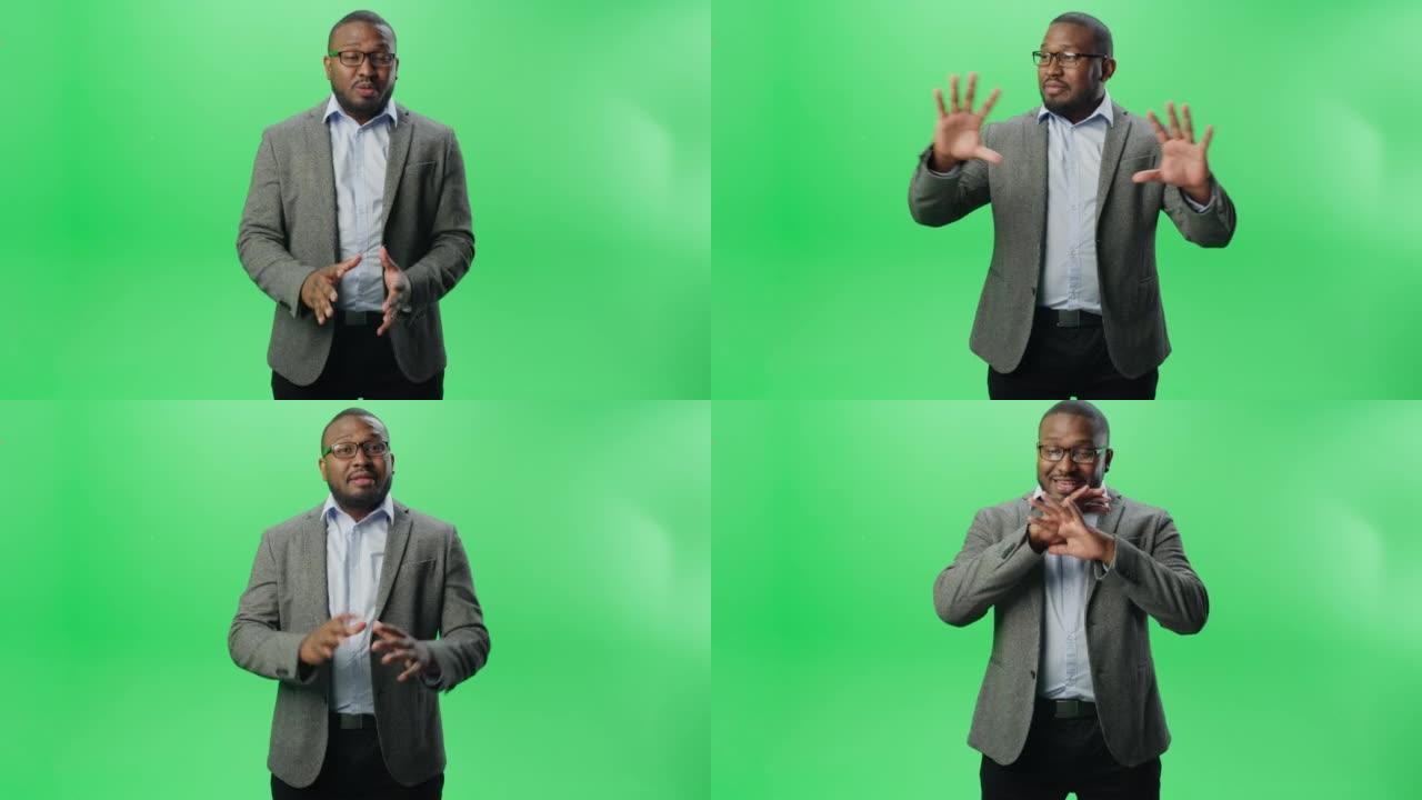 绿屏背景: 黑人商人解释概念。英俊的非洲裔美国企业家，谈论他的电子商务初创公司。正式着装成功的创业公