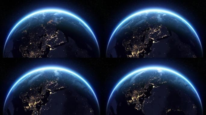 美丽的蓝色星球。在旋转的地球上日出。夜城插图。从太空看天际线3d动画。现代商业技术概念