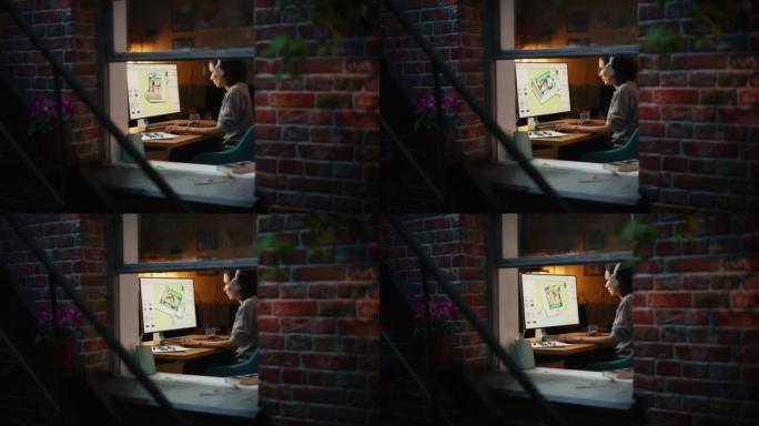 创意女性3D建筑师艺术家使用台式电脑，屏幕显示CAD房地产项目。巴西女性视频游戏开发商创造新的游戏水