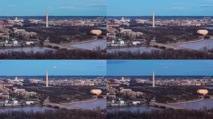 日落时分，美国华盛顿特区的林肯纪念堂、华盛顿纪念碑和美国国会大厦