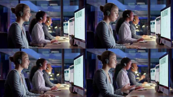 带耳机的在线呼叫中心运营商在夜班期间与客户打字和聊天。繁忙的代理使用技术为客户提供服务。在电话销售公