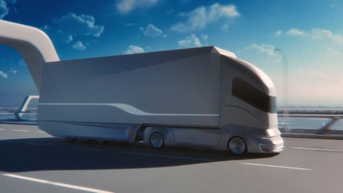 未来技术概念: 自动自动驾驶卡车与货物拖车驾驶道路上的扫描传感器。3D零排放电动货车在风景秀丽的公路
