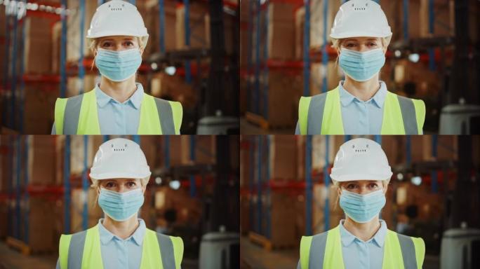 为安全起见，成功的女性仓库库存经理戴着口罩的肖像。在背景成排的货架上，商品，商品，包装在纸箱中的产品