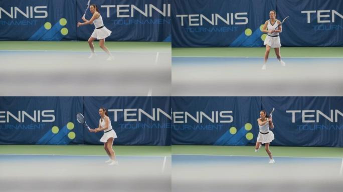 女子网球运动员在冠军赛中用球拍击球。职业女运动员接受并击中完美的反手射击。世界体育锦标赛。慢动作完全