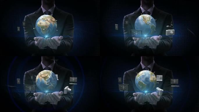 商人打开两只手掌。各种移动设备连接全球地球网络通信。4k动画。