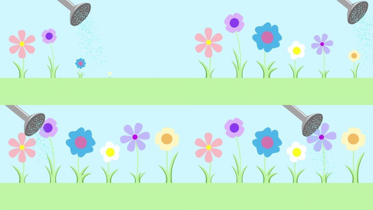 动画植物被浇灌成花朵。幼苗在充足的水分下生长最好。健康的花园是浇水良好的花园。需要水来维持和生长植物