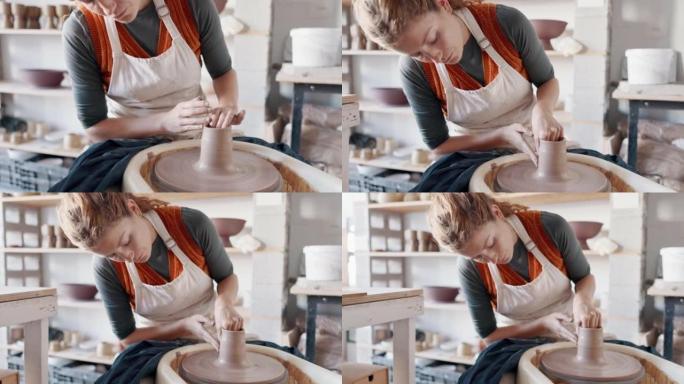 陶器，女性创意和模具粘土艺术品，用于课堂，爱好或在车间或工作室放松。创意，女学生或女雕塑家使用车轮旋