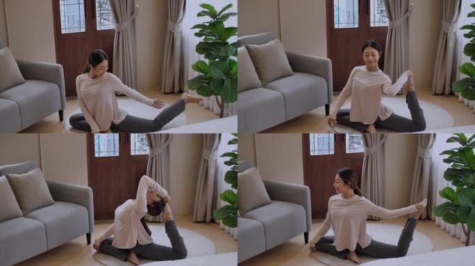 亚洲女性在家伸展瑜伽