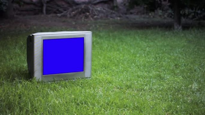 绿草地上有蓝屏的旧电视。放大。