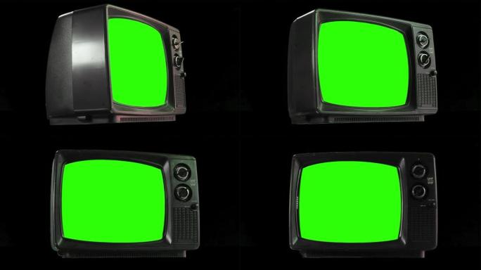 黑色背景下切出的旧电视绿屏。4k分辨率。