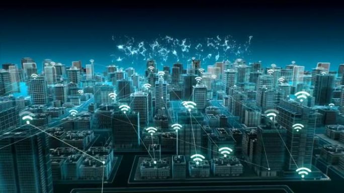 智能城市上的无线智能传感器图标，连接 “智能城市” 物联网。4k。